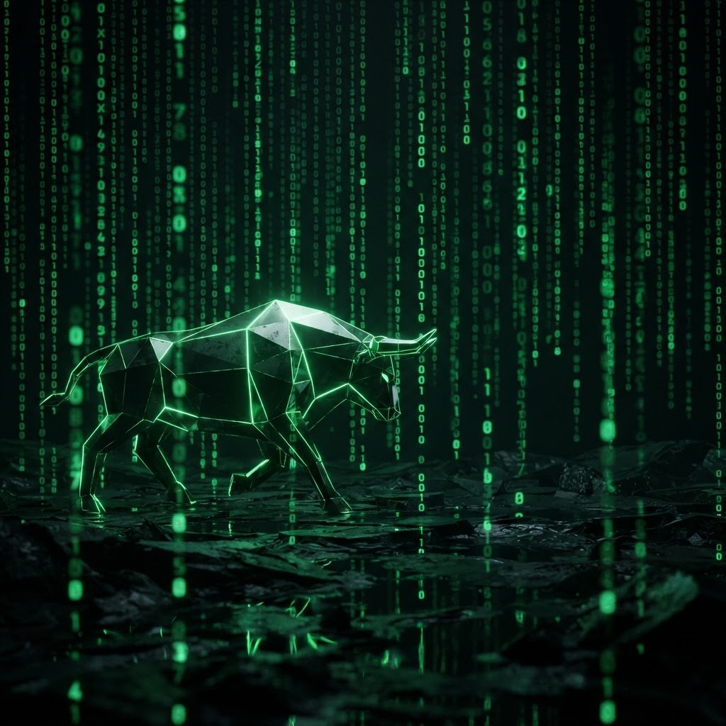 Low-poly Bullion bull walking through a field of glowing green Matrix digital rain