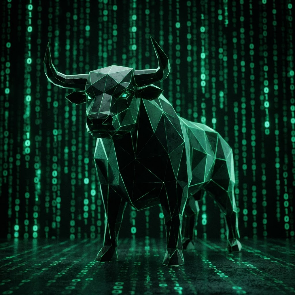 Bullion bull standing in a dense field of falling green Matrix code